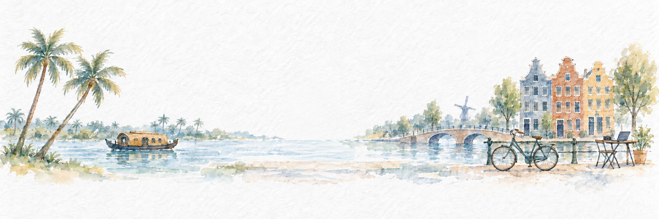 A soft pastel illustration on textured paper: Kerala palms and a houseboat connected by calm water to Dutch canal houses, a bicycle, and a small workspace with a laptop and camera.